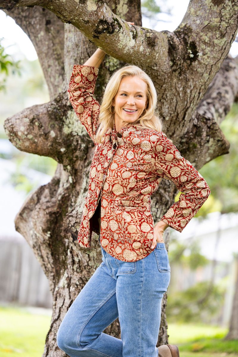 Womens, Tilbra Jacket, long sleeve, 100% cotton corduroy, hand block print. In natural Rustic Red Jivana print.