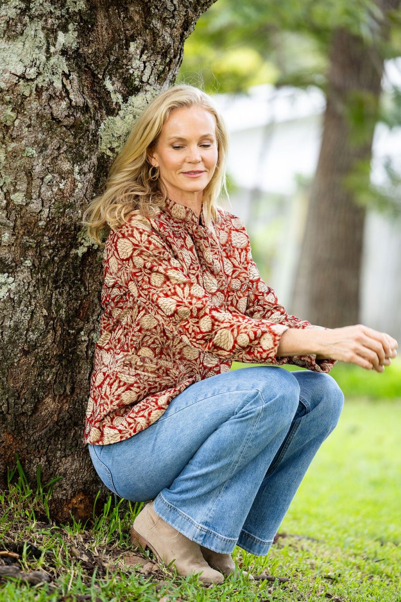 Womens, Tilbra Jacket, long sleeve, 100% cotton corduroy, hand block print. In natural Rustic Red Jivana print.