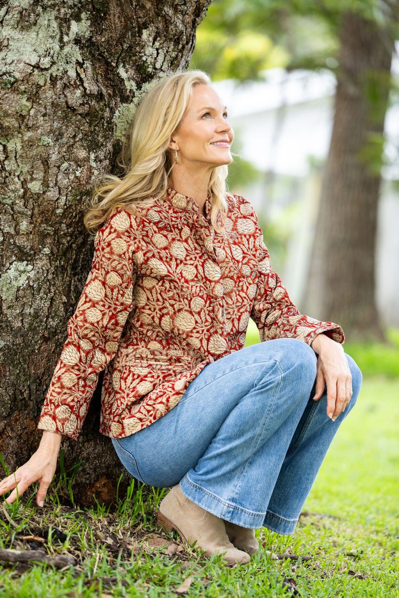 Womens, Tilbra Jacket, long sleeve, 100% cotton corduroy, hand block print. In natural Rustic Red Jivana print.
