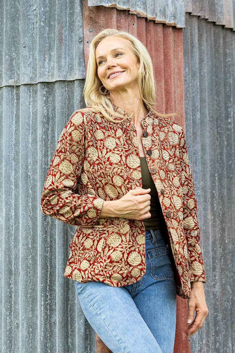 Womens, Tilbra Jacket, long sleeve, 100% cotton corduroy, hand block print. In natural Rustic Red Jivana print.
