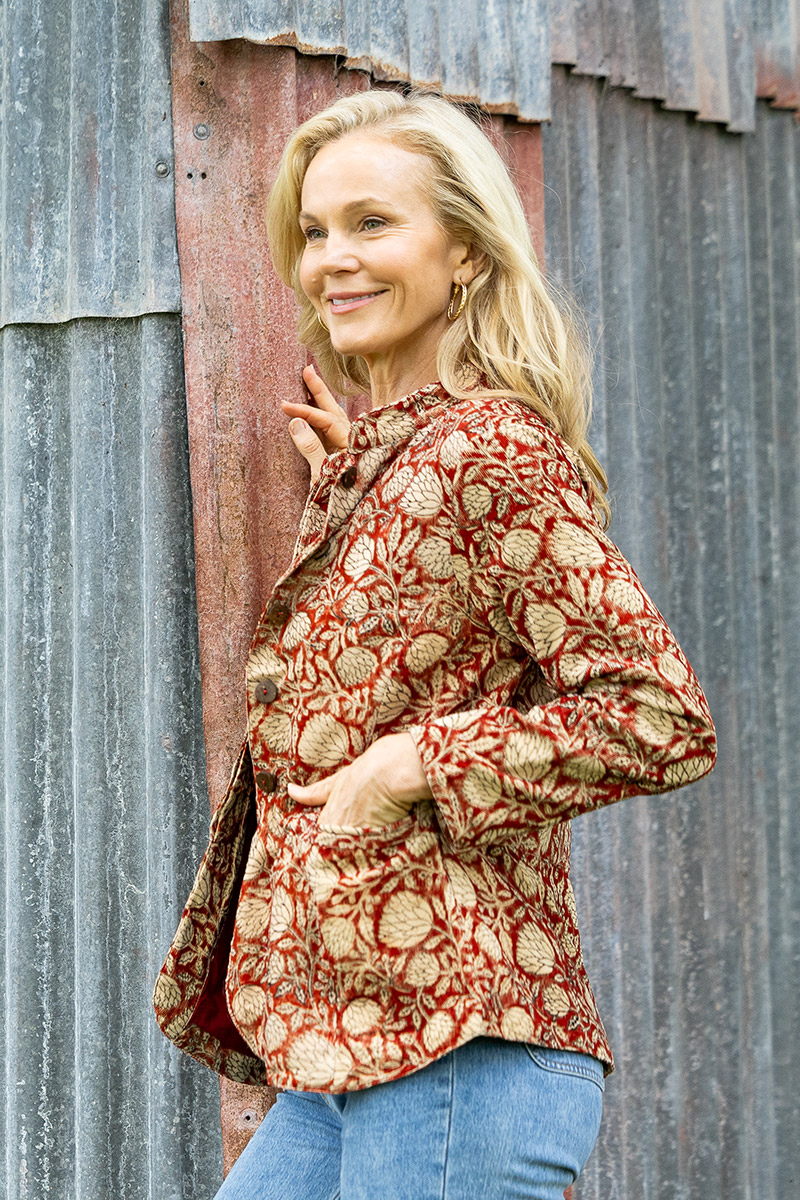 Womens, Tilbra Jacket, long sleeve, 100% cotton corduroy, hand block print. In natural Rustic Red Jivana print.