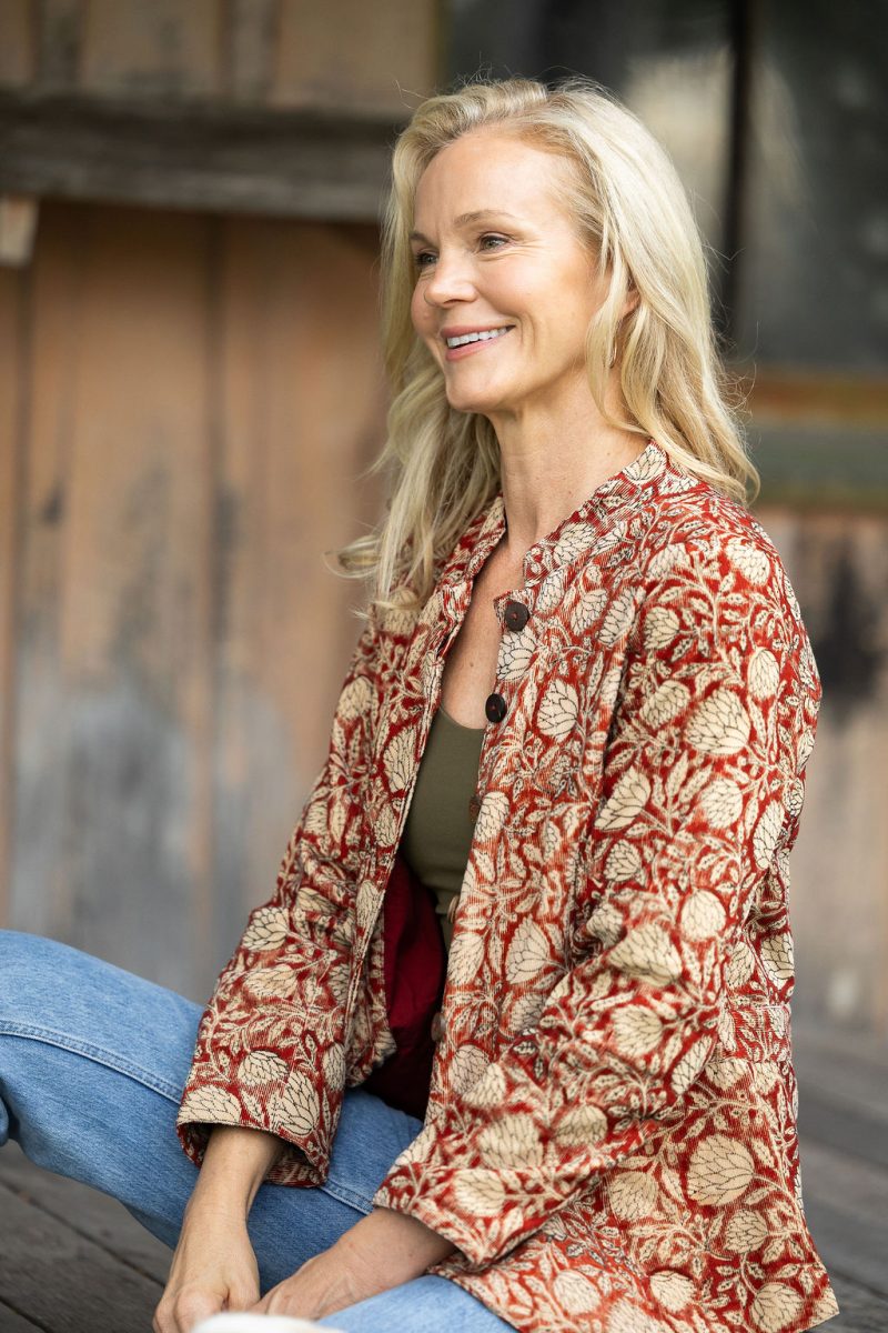 Womens, Tilbra Jacket, long sleeve, 100% cotton corduroy, hand block print. In natural Rustic Red Jivana print.