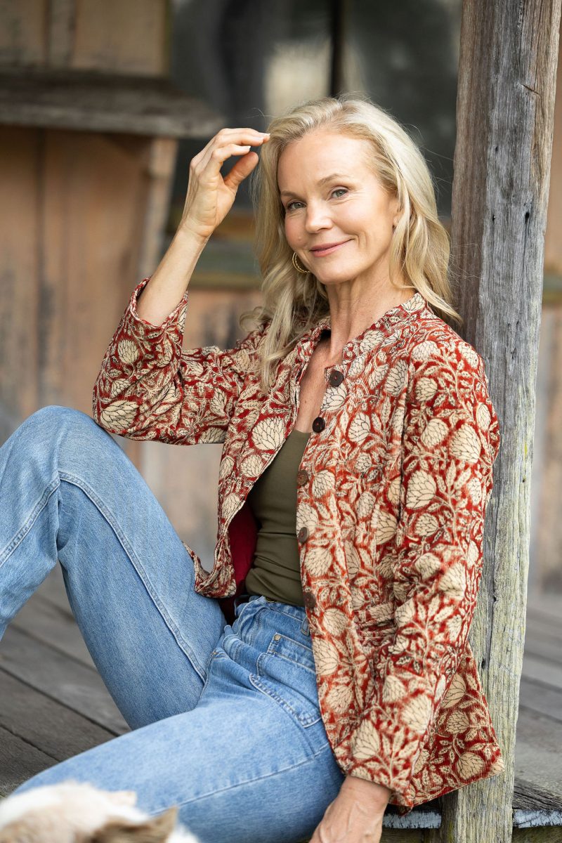 Womens, Tilbra Jacket, long sleeve, 100% cotton corduroy, hand block print. In natural Rustic Red Jivana print.