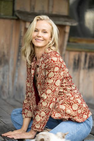 Womens, Tilbra Jacket, long sleeve, 100% cotton corduroy, hand block print. In natural Rustic Red Jivana print.
