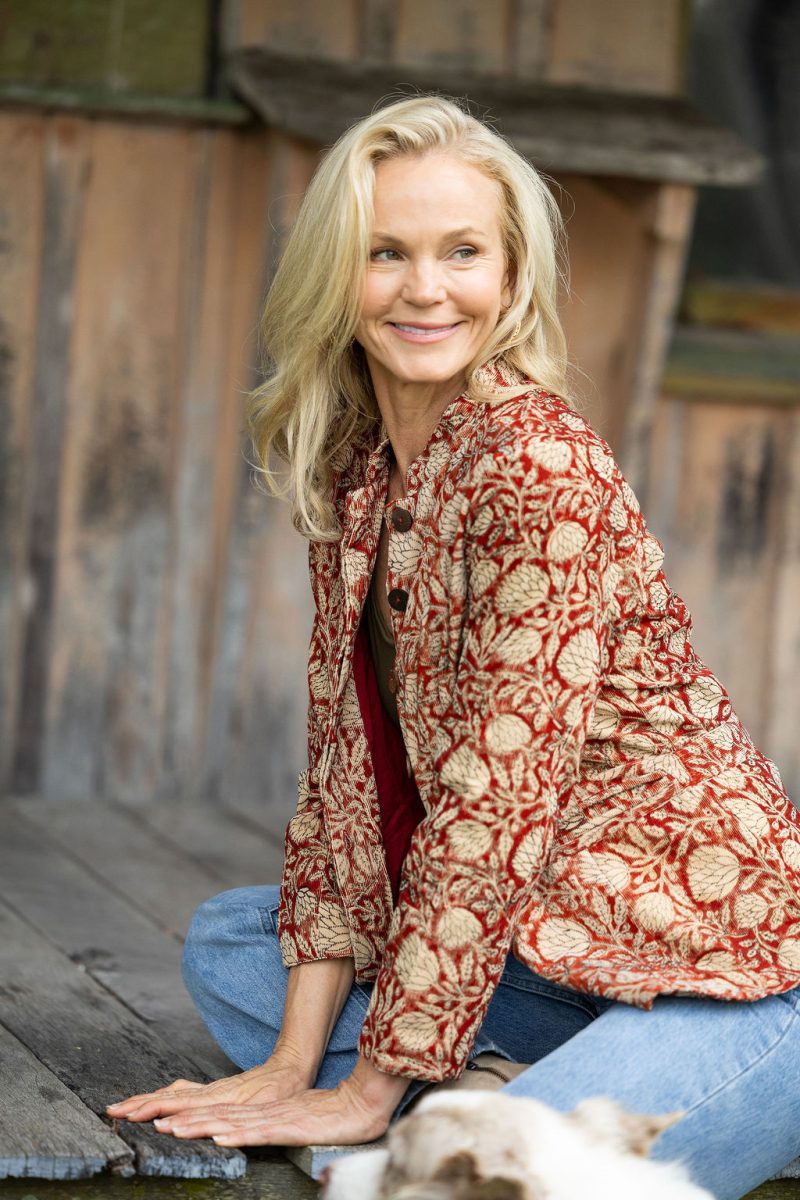 Womens, Tilbra Jacket, long sleeve, 100% cotton corduroy, hand block print. In natural Rustic Red Jivana print.