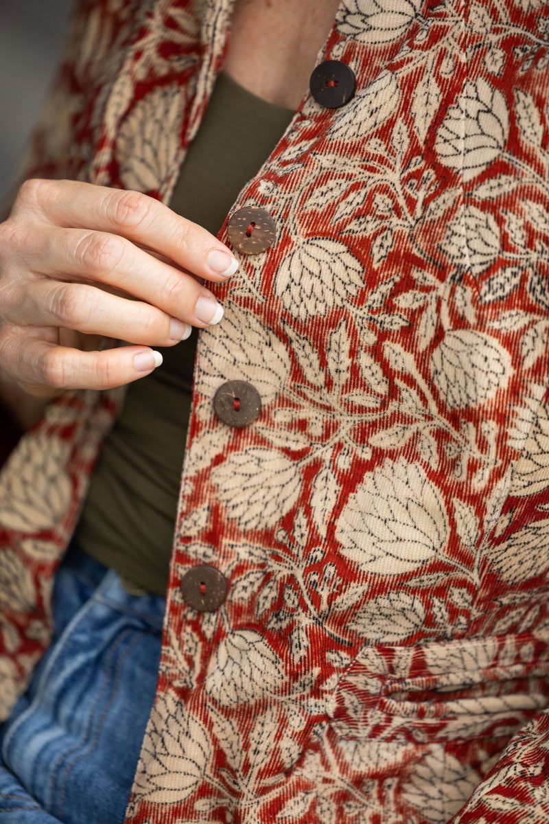 Womens, Tilbra Jacket, long sleeve, 100% cotton corduroy, hand block print. In natural Rustic Red Jivana print.