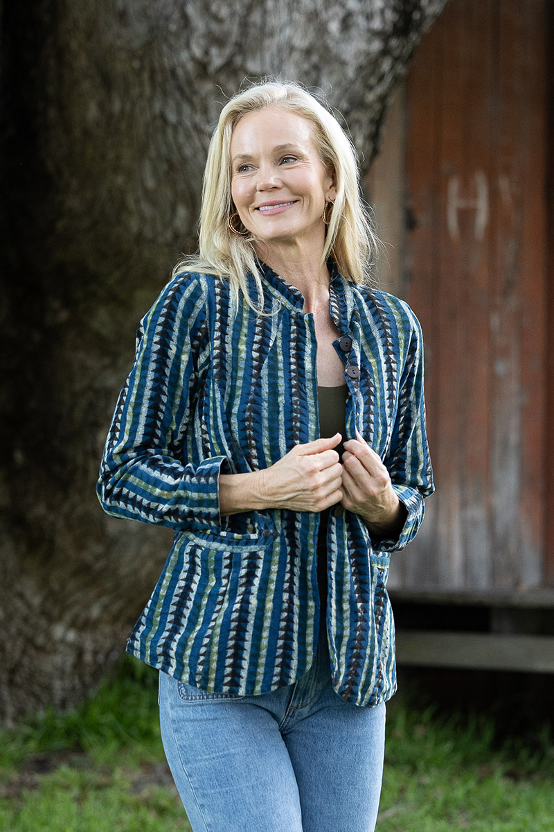 Womens, Tilbra Jacket, long sleeve, 100% cotton corduroy, hand block print. In natural earthy forest tones. Lazulite