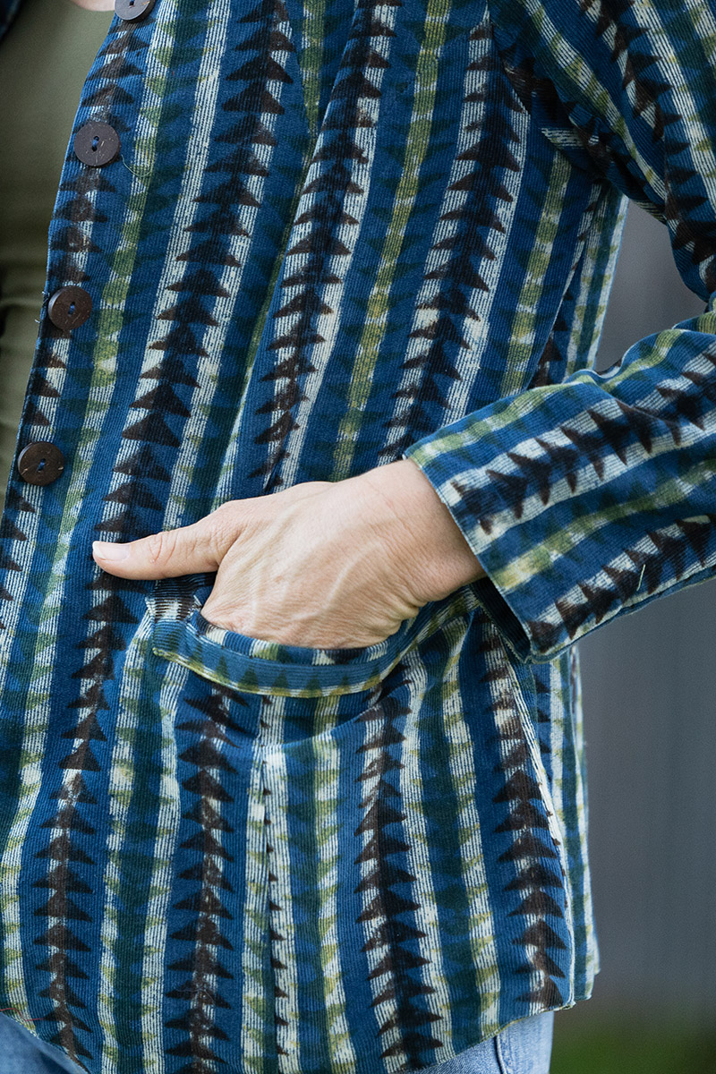 Womens, Tilbra Jacket, long sleeve, 100% cotton corduroy, hand block print. In natural earthy forest tones. Lazulite