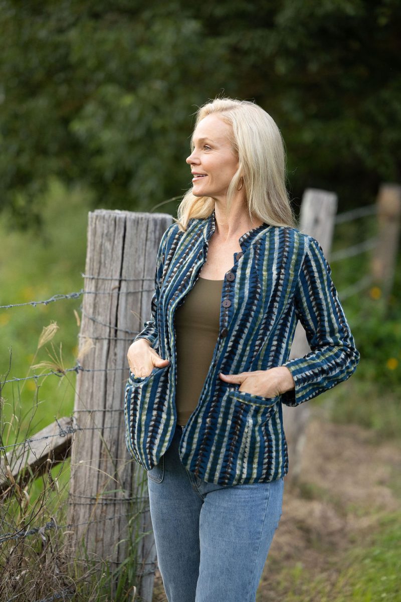 Womens, Tilbra Jacket, long sleeve, 100% cotton corduroy, hand block print. In natural earthy forest tones. Lazulite
