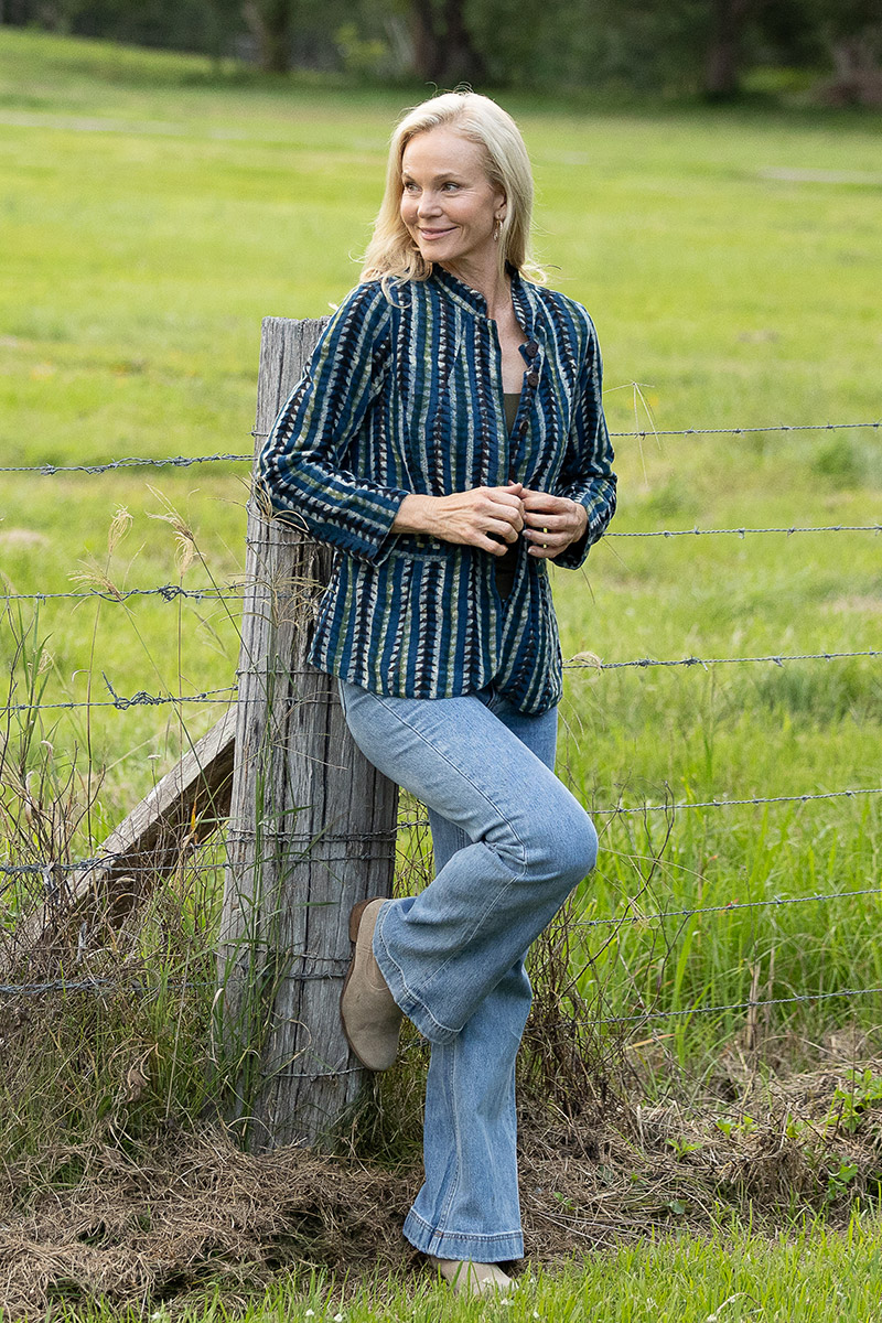 Womens, Tilbra Jacket, long sleeve, 100% cotton corduroy, hand block print. In natural earthy forest tones. Lazulite