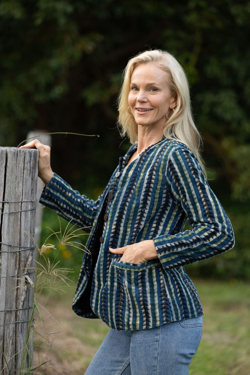 Womens, Tilbra Jacket, long sleeve, 100% cotton corduroy, hand block print. In natural earthy forest tones. Lazulite