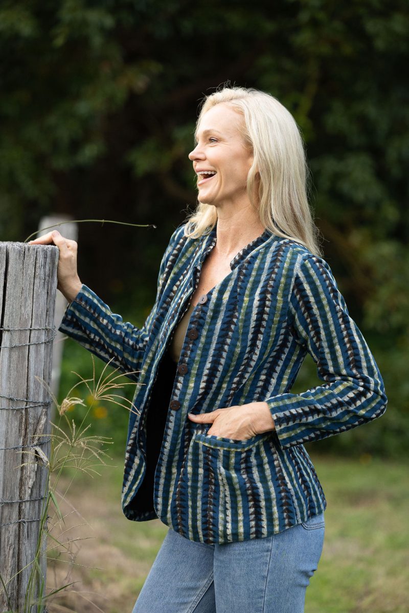 Womens, Tilbra Jacket, long sleeve, 100% cotton corduroy, hand block print. In natural earthy forest tones. Lazulite