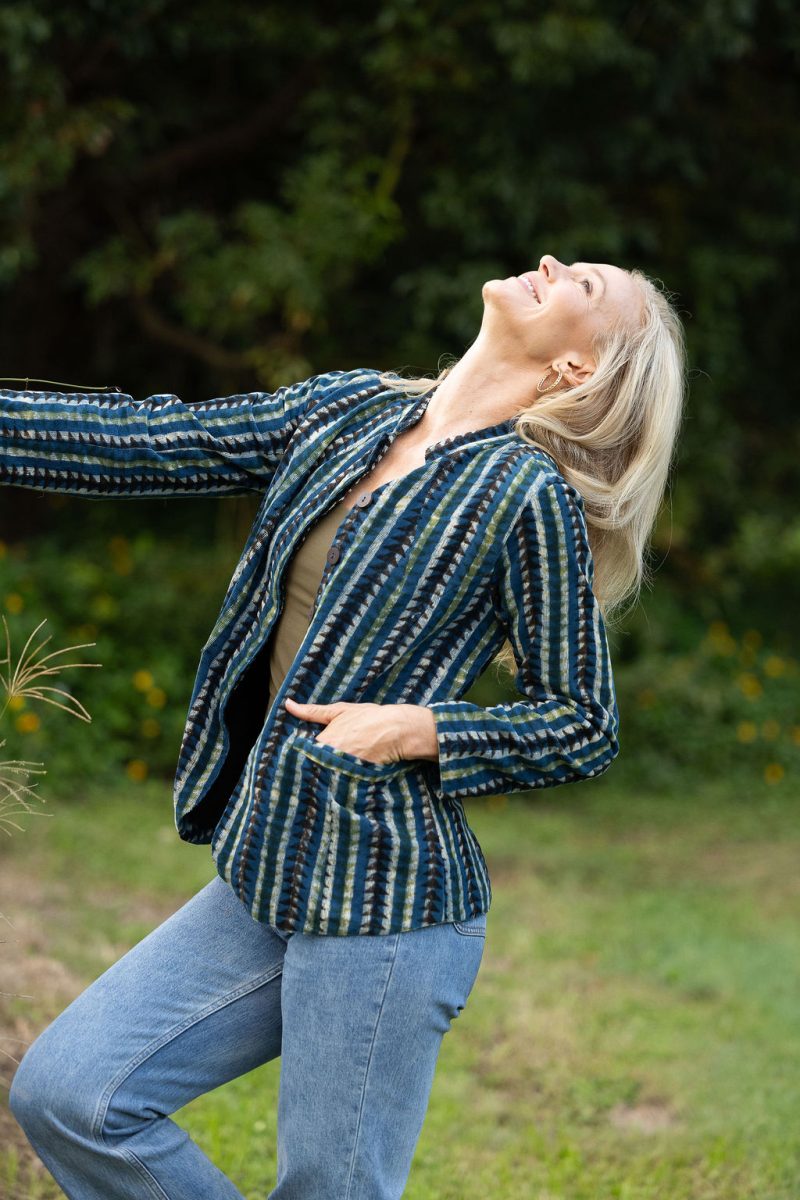 Womens, Tilbra Jacket, long sleeve, 100% cotton corduroy, hand block print. In natural earthy forest tones. Lazulite