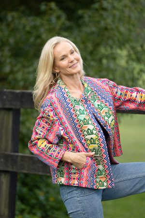 Womens Pachari Jacket, viscose/wool embroidered, vibrant Andean Sol