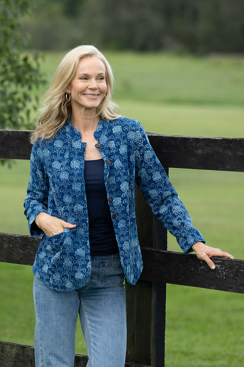 Womens, Tilbra Jacket, long sleeve, 100% cotton corduroy, hand block print. In natural Indigo Lila