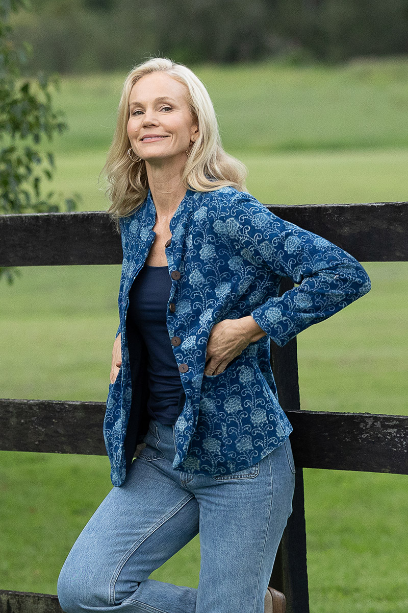 Womens, Tilbra Jacket, long sleeve, 100% cotton corduroy, hand block print. In natural Indigo Lila