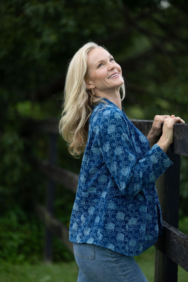 Womens, Tilbra Jacket, long sleeve, 100% cotton corduroy, hand block print. In natural Indigo Lila